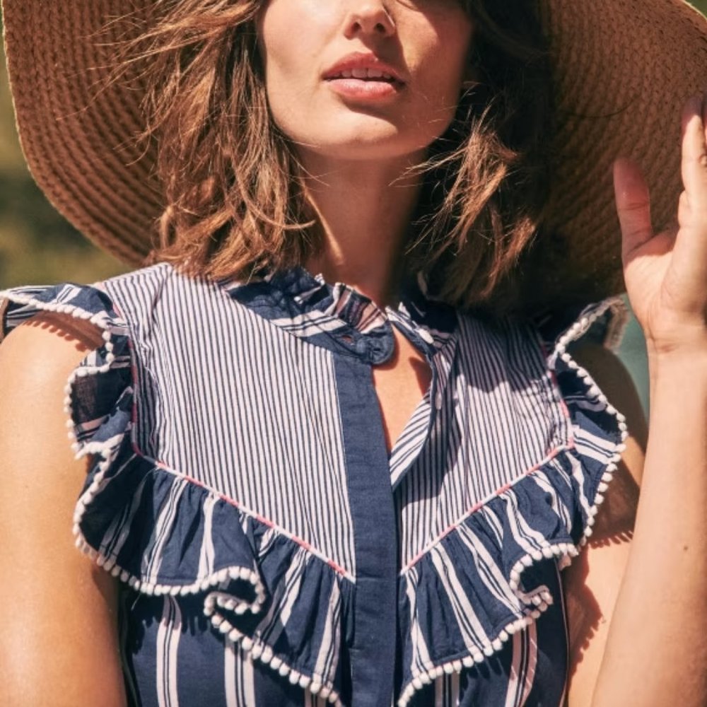 Sezane Navy and White Striped Ruffle Button-Down Top